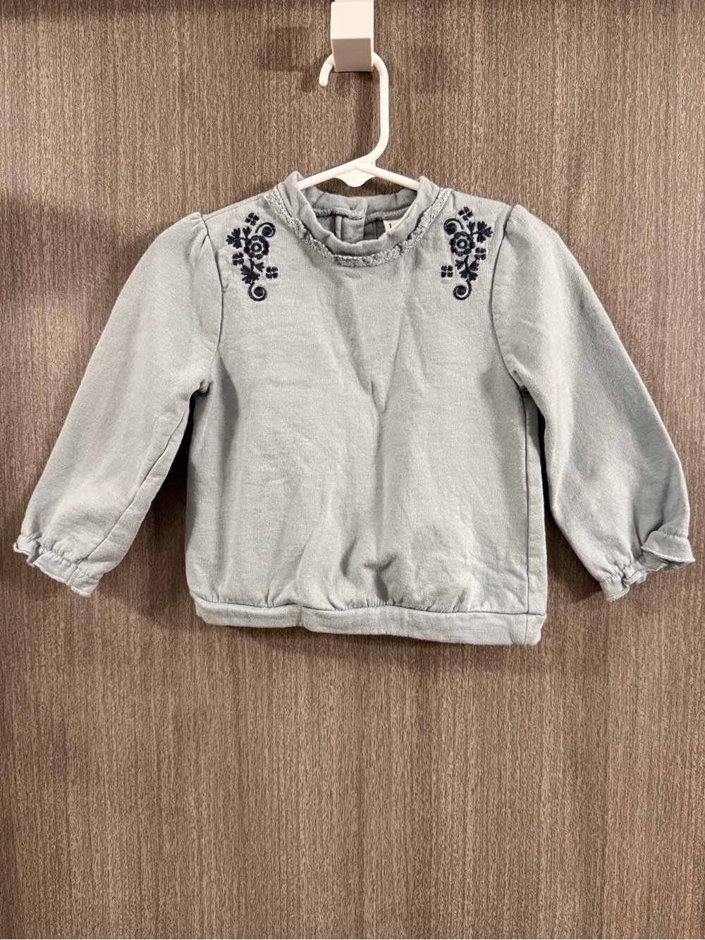 Girls' Pale Blue Embroidered Ruffle Neck Pullover